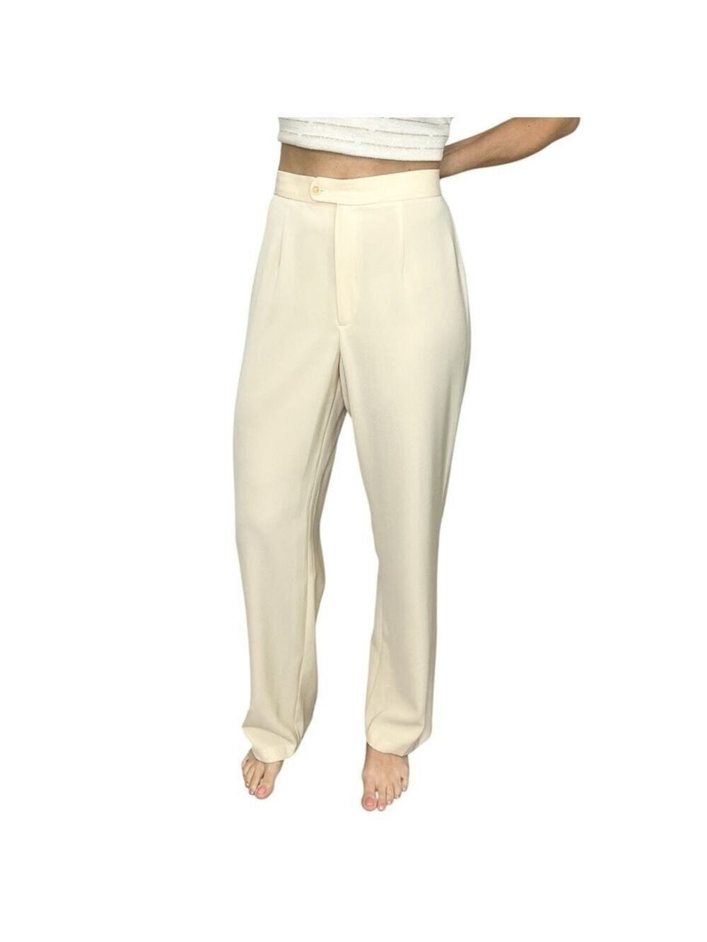 Vintage minimalist cream straight leg high rise tailored trousers